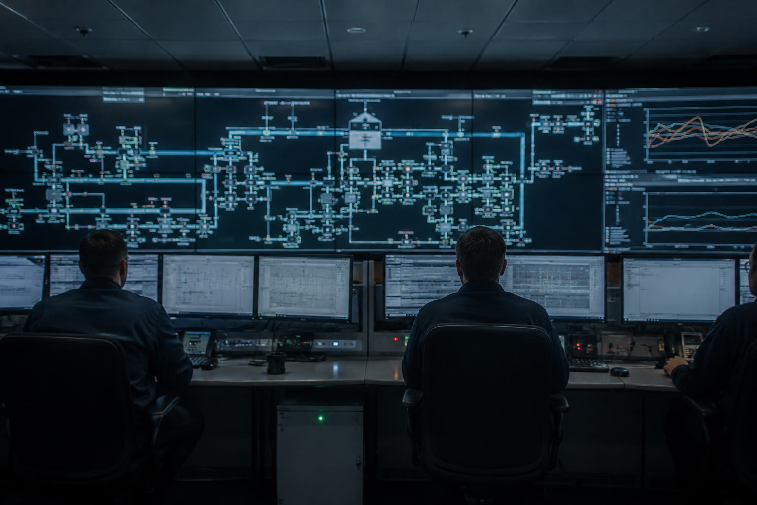 Operators monitoring a pipeline network schematic in an oilfield control room