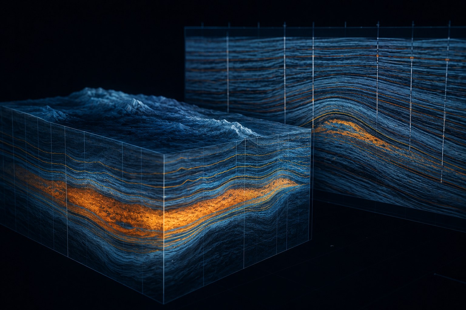 A 3D subsurface reservoir model showing layered geological strata and a highlighted reservoir zone