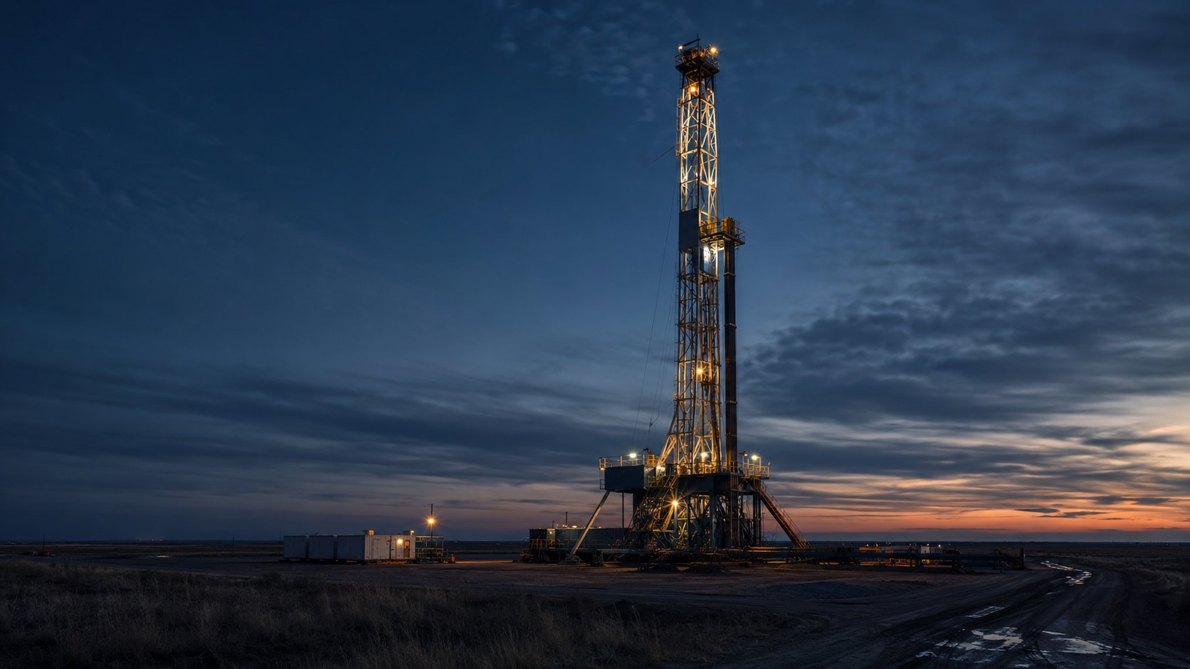 An onshore drilling rig lit at dusk on open terrain