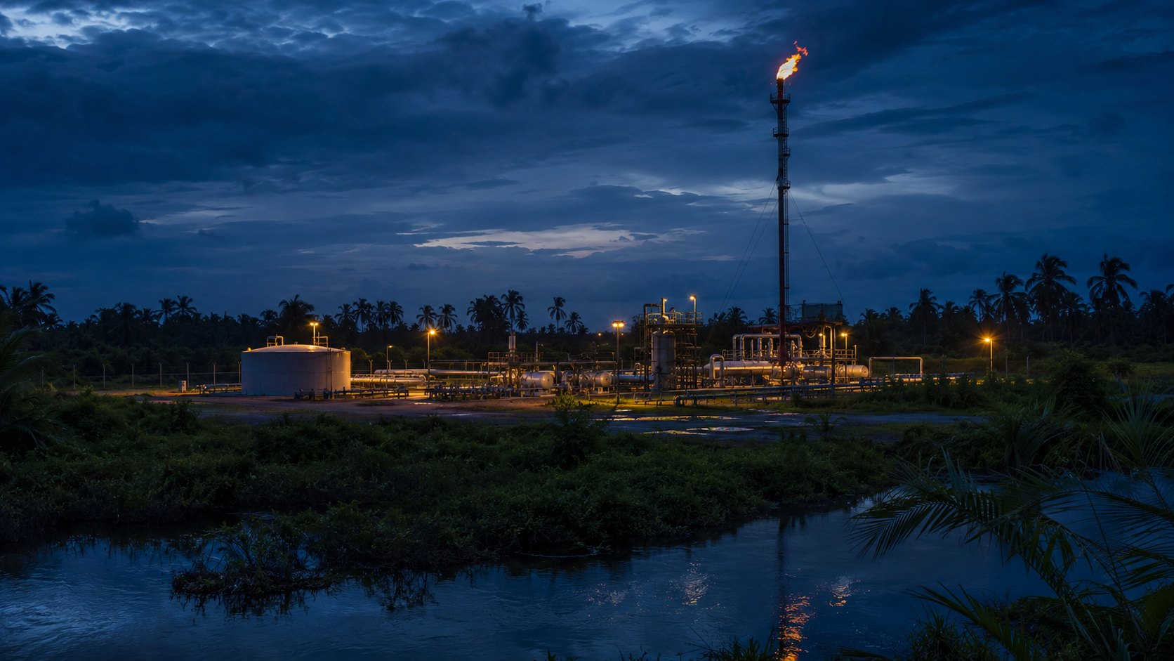 An onshore Niger Delta flow station with a gas flare and storage tank at dusk