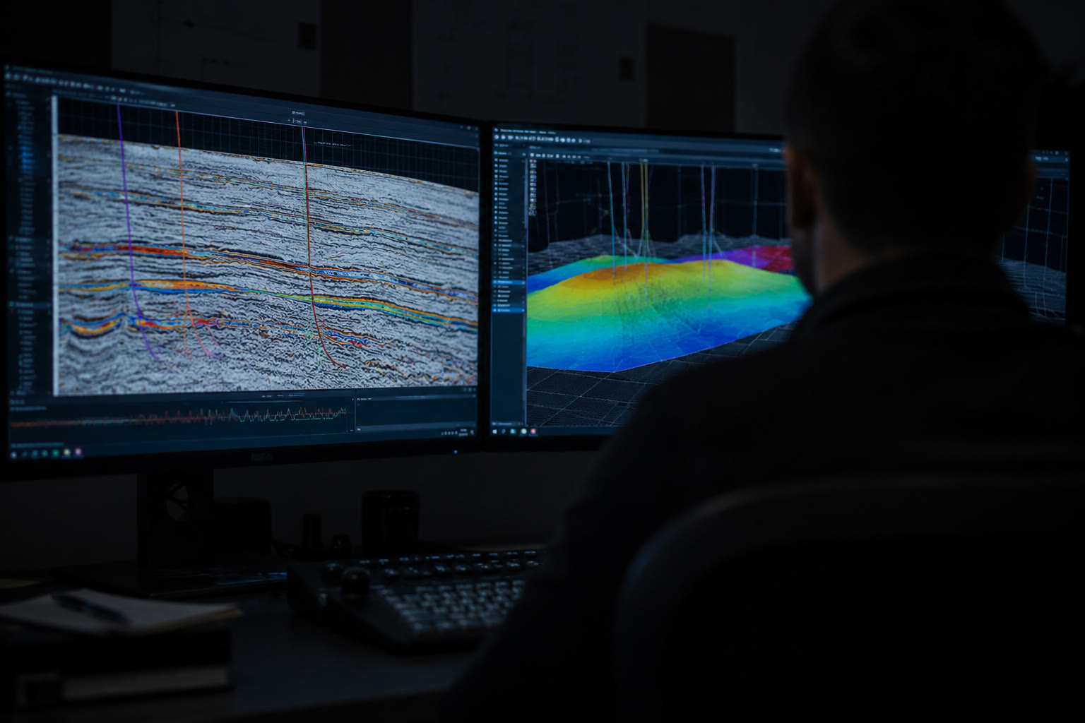 A geoscientist reviewing a seismic cross-section and 3D reservoir model on dual screens